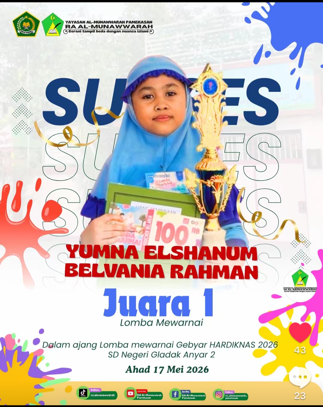 Prestasi Membanggakan Siswa RA Al-Munawwarah dalam Lomba Mewarnai Hardiknas 2026