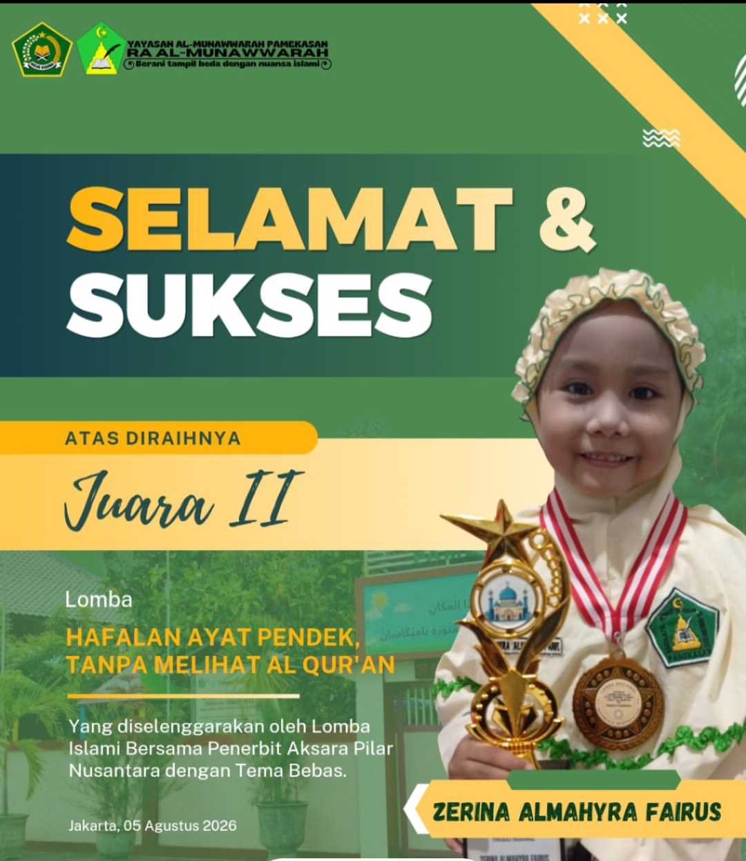 Prestasi Membanggakan! Siswa RA Al-Munawwarah Raih Juara II Lomba Hafalan Ayat Pendek