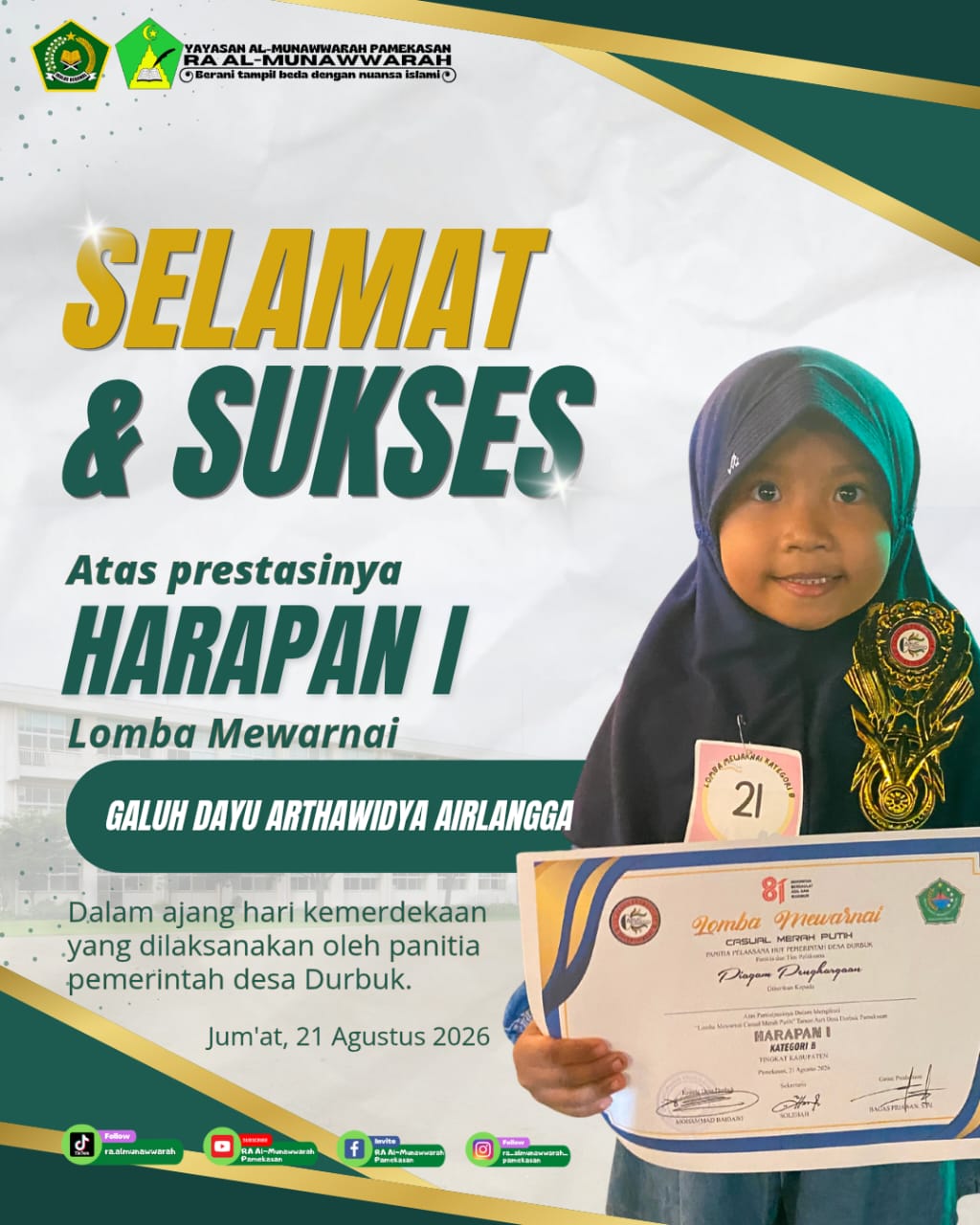 Siswa RA Al-Munawwarah Pamekasan Raih Prestasi dalam Lomba Mewarnai HUT ke-81 Kemerdekaan RI