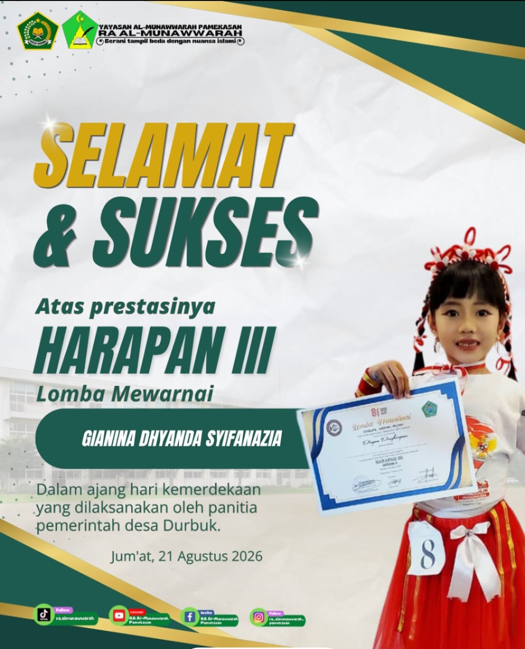 Raih Harapan III Lomba Mewarnai, Gianina Dhynda Syifanazia Harumkan Nama RA Al-Munawwarah