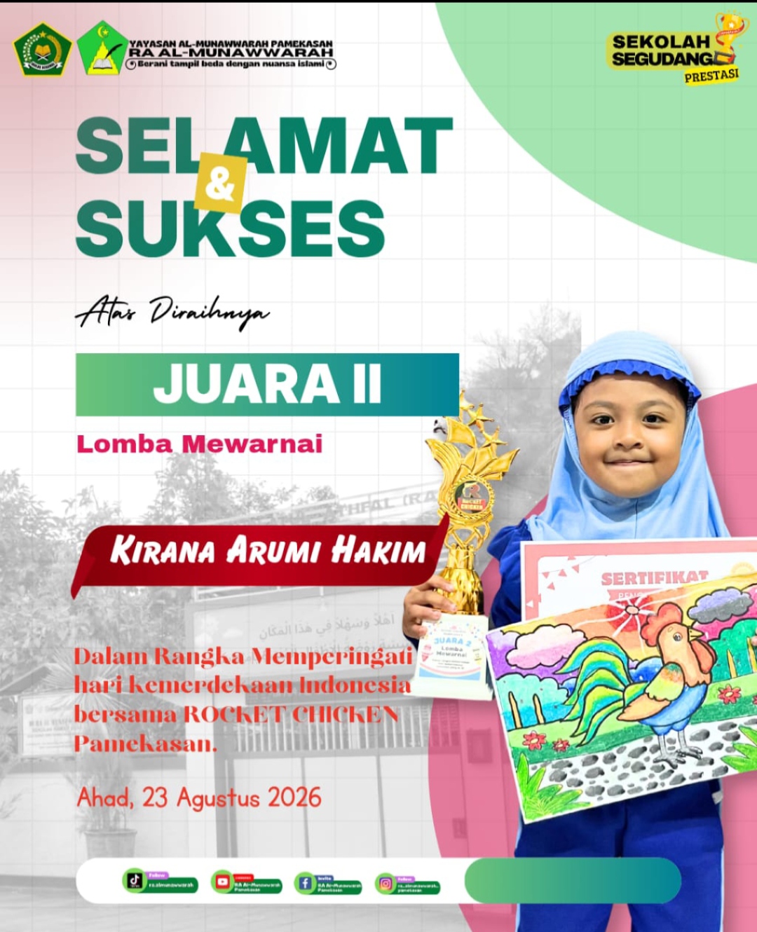 Raih Juara II Lomba Mewarnai, Kirana Arumi Hakim Harumkan Nama RA Al-Munawwarah